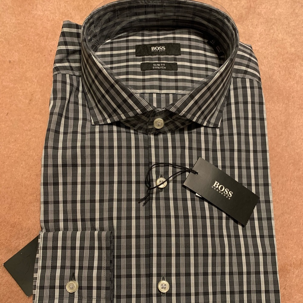 BOSS Hugo Boss Black Plaid Slim Fit Stretch Shirt